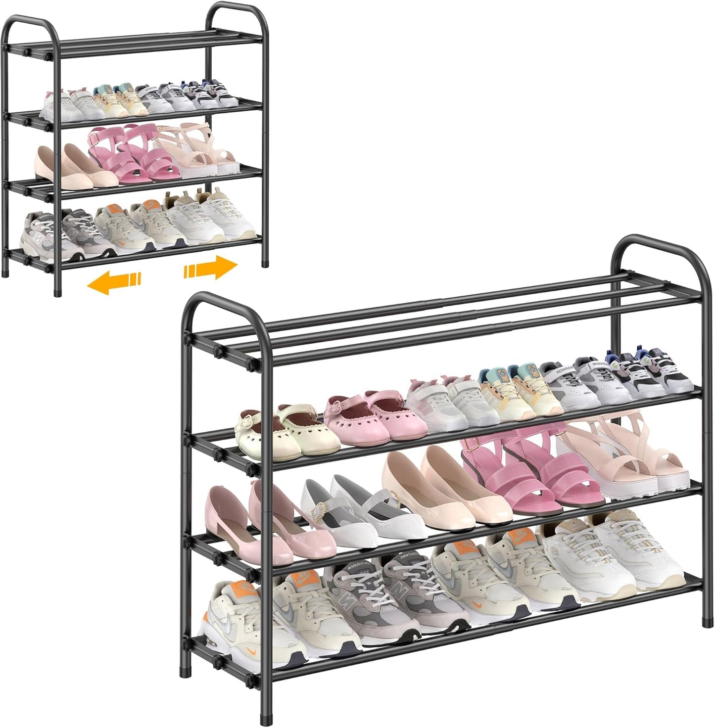 Hleelomi 4-Tier Closet,Living Expandable Shoe Rack for EntrywayAdjustable Metal Shoe Organizer for Room,Dorm,Black