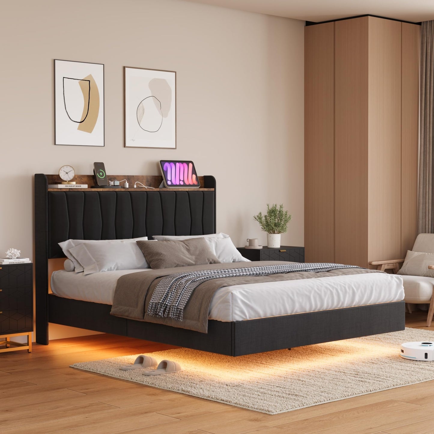 IDEALHOUSE King Floating Bed Frame with LED Lights & Charging Station, Upholstered Platform Bed with Storage Headboard, Wood Slats Support, No Box Spring Needed, Easy to Assemble, Black