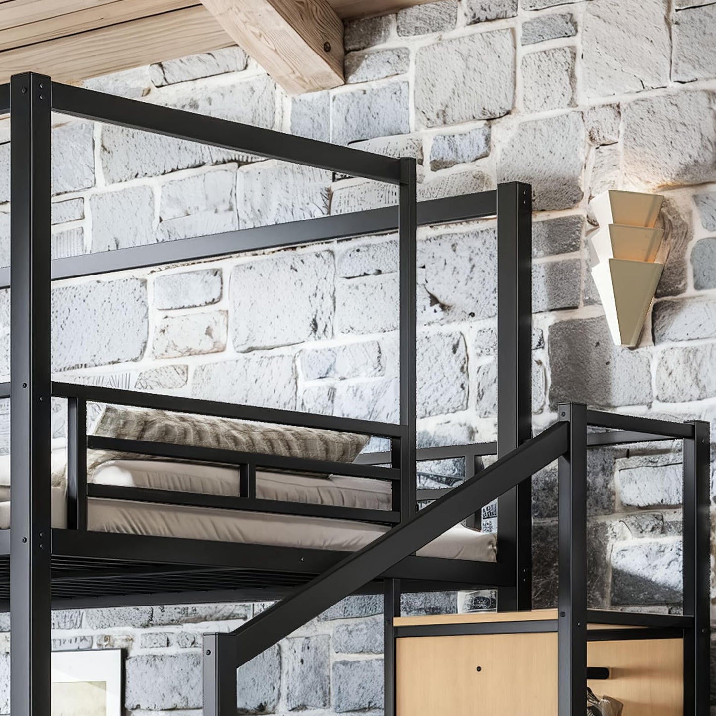 KEIKI Queen Size Metal Loft Bed Frame with with Canopy Frame & Storage Staircase & Wardrobe, Modern Loft Bed with Solid Slats & Guardrail, No Box Spring Required, Easy Assembly, for Bedroom, Black