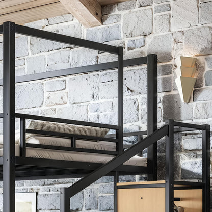KEIKI Queen Size Metal Loft Bed Frame with with Canopy Frame & Storage Staircase & Wardrobe, Modern Loft Bed with Solid Slats & Guardrail, No Box Spring Required, Easy Assembly, for Bedroom, Black