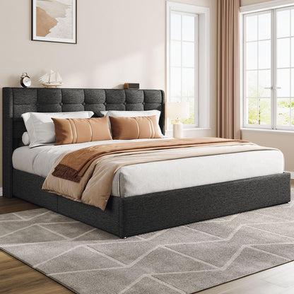 Vinabilia Lift Up King Size Bed Frame with Storage, Upholstered King Bed Frame with Wingback Headboard, No Box Spring Needed, Easy Assembly - Dark Grey