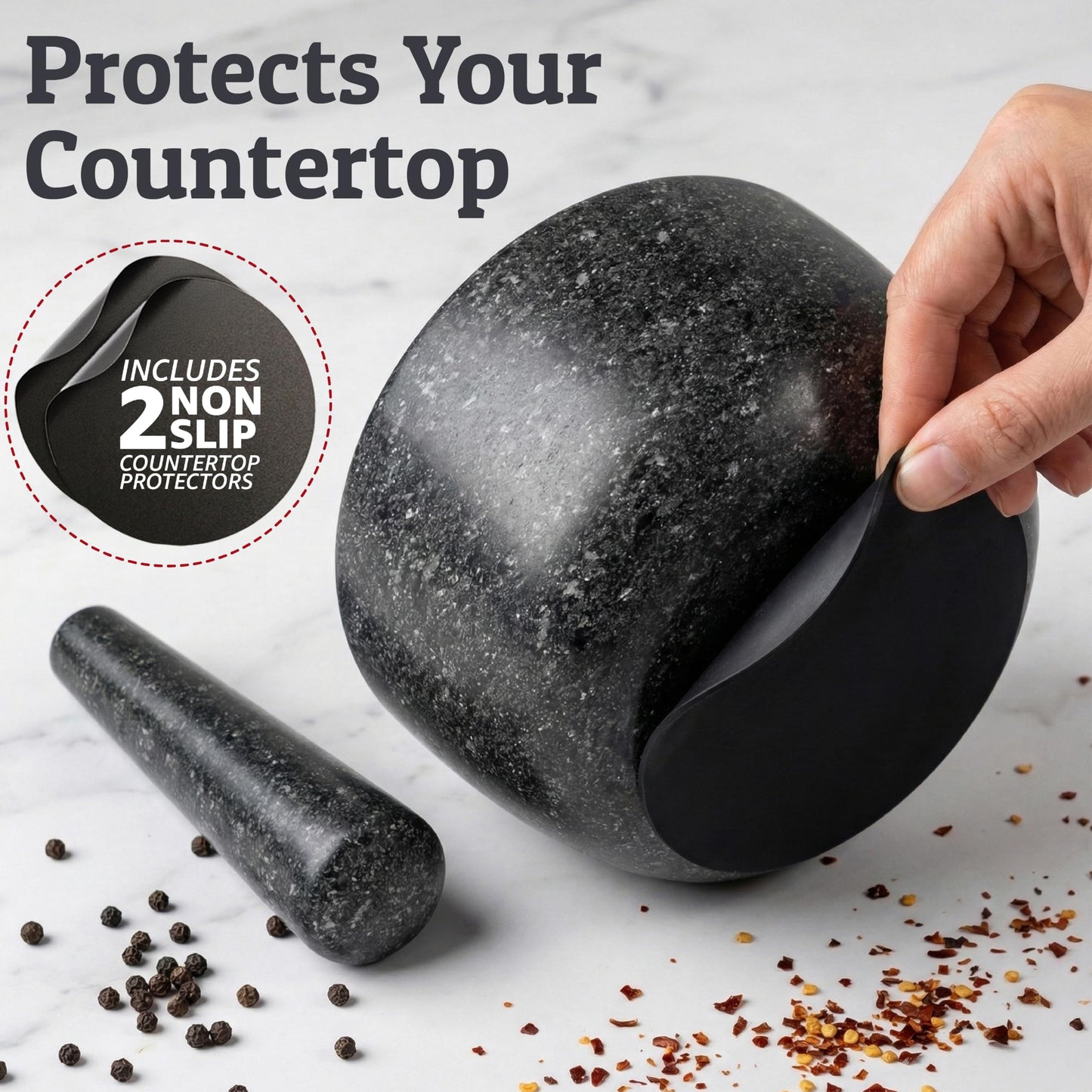 Priority Chef Heavy Duty Large 2 Cup Mortar and Pestle Set,100% Granite, Non Slip Base, Make Fresh Guacamole, Salsa, Pesto, Stone Grinder Bowl, Herb Crusher, Spice Grinder, 6.3 Inch Size, Black