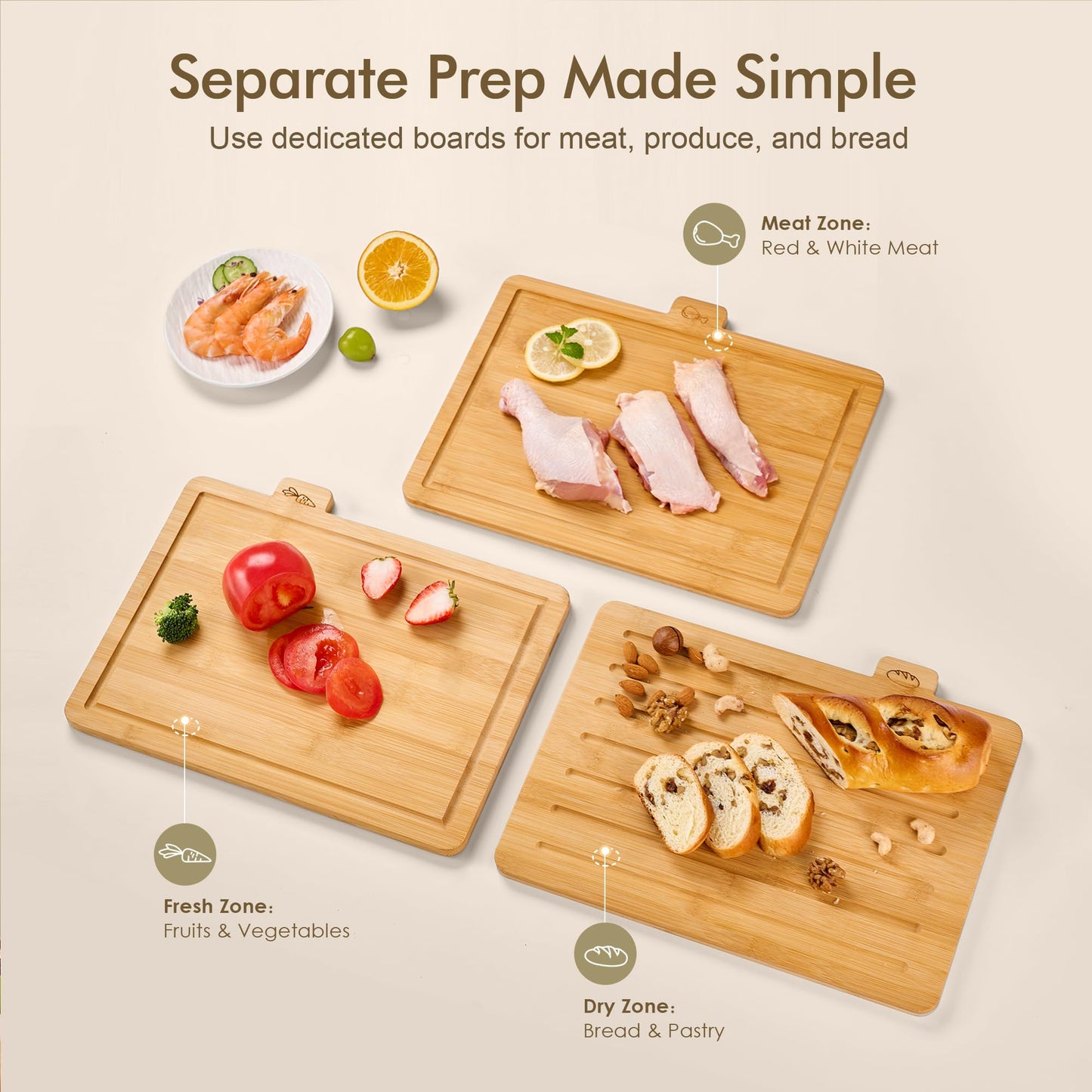 Coktaseleg Bamboo Cutting Boards for Kitchen Set of 3, Large 14’’ x 10’’ with Holder, Wooden Cutting Board with Juice Groove & Labels for Meat Vegetables Bread