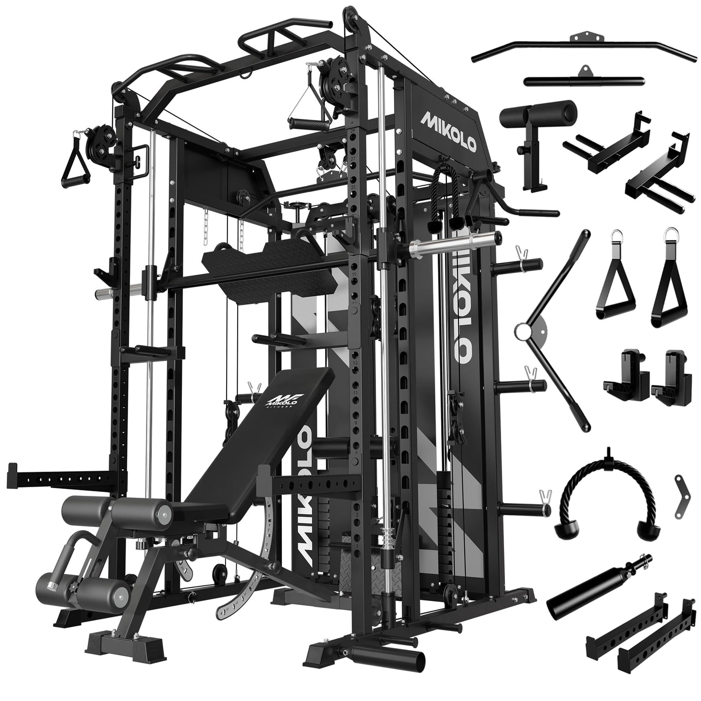 Mikolo Smith Machine with Weight Stack, Power Cage Home Gym System with LAT Pulldown & Cable Crossover, Multi-Functional Trainer with Dual Pulley System, Weight Bench, Cable attachments