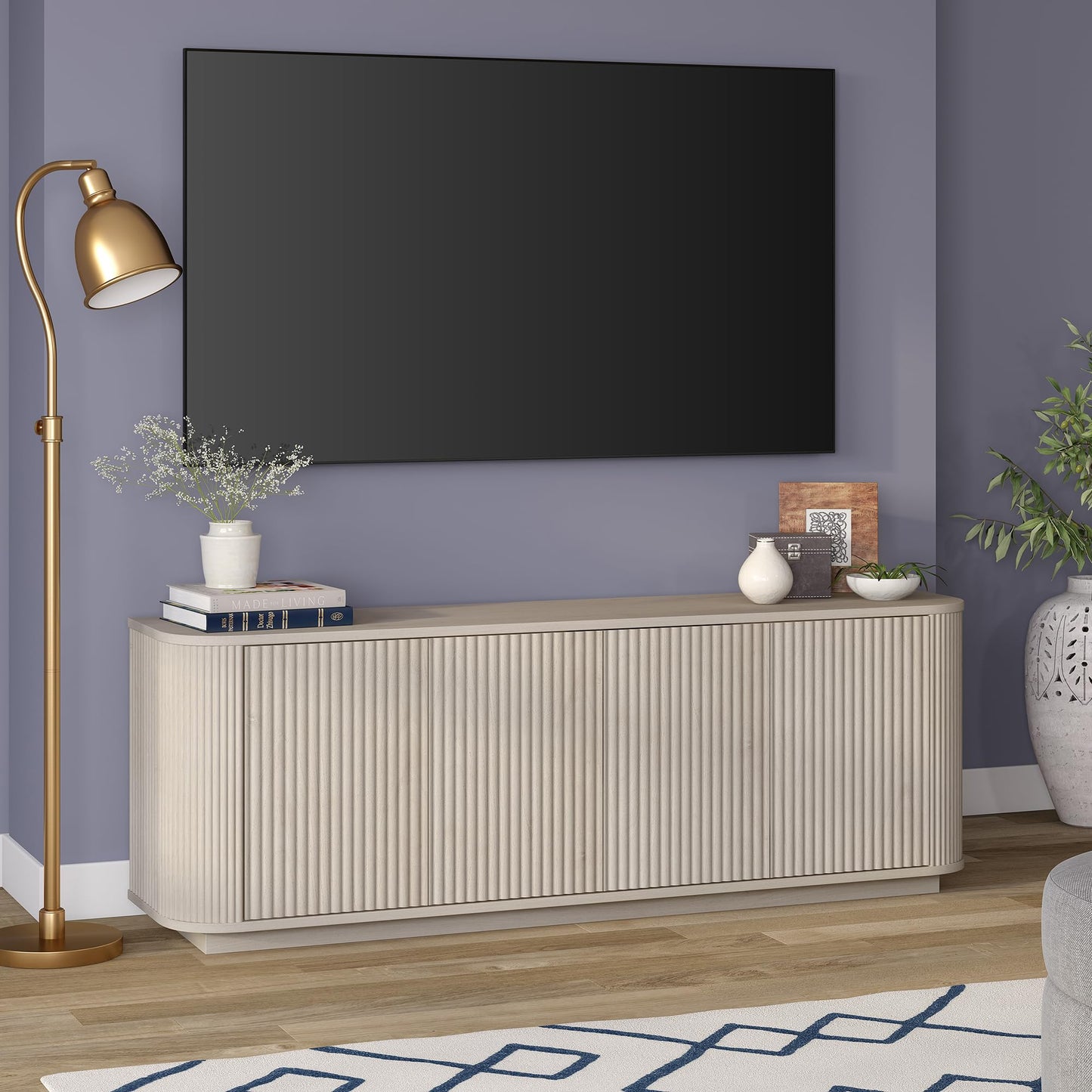 Henn&Hart Fluted TV Stand for TVs up to 75" with 2 Storage Cabinets with an Adjustable Shelf for Living Room, Family Room, or Office, Beech White