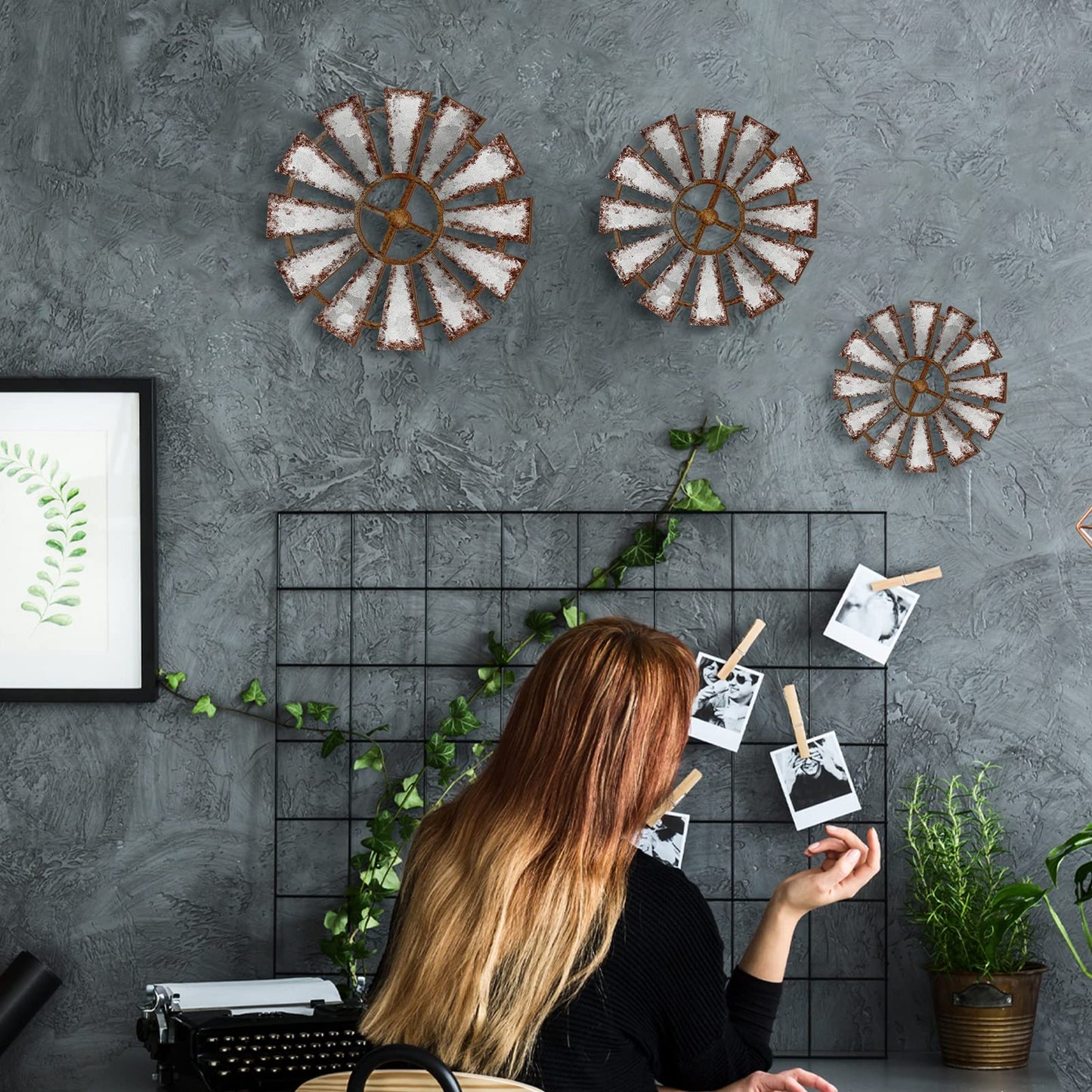 Yookeer 3 Pcs Wood Windmill Wall Decor Farmhouse Hanging Decoration Wooden Windmill Kitchen Decor Rustic Decor Living Room Sculpture Art for Bedroom Nursery Home Decor(Farmhouse)