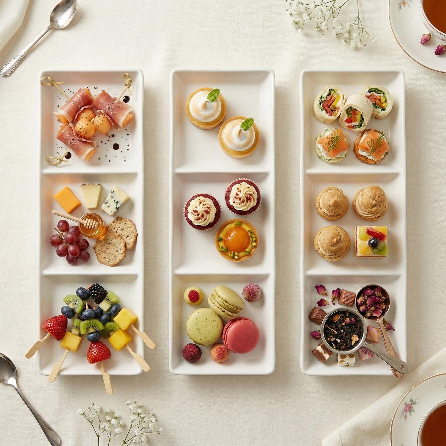 DELLING 16x5 Inch Ceramic 3-Section Serving Tray Set of 3, Stackable Divided Serving Platter - White Porcelain Appetizer Tray for Snack Food Dessert, Dishwasher Safe
