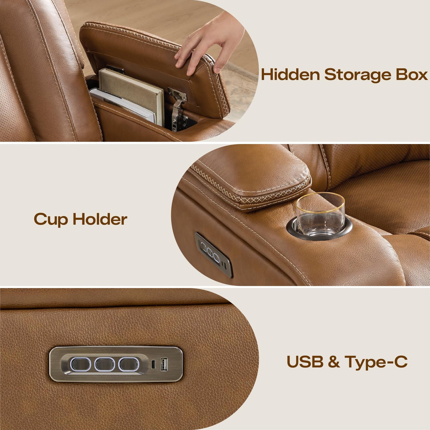 Watson & Whitely Genuine Leather Electric Recliner Chairs, Super Zero Gravity Recliner Triple-Motor W Adjustable Lumbar Headrest Support & Hidden Storage, Saddle Brown