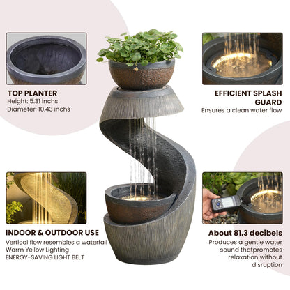 Takamota Outdoor Water Feature Patio Fountain with LED Lights, 31.9" Resin Garden Waterfall Fountain Outdoor, Modern S-Shaped Bowl Design Water Feature for Porch, Garden, Yard, Home Decor, Grey