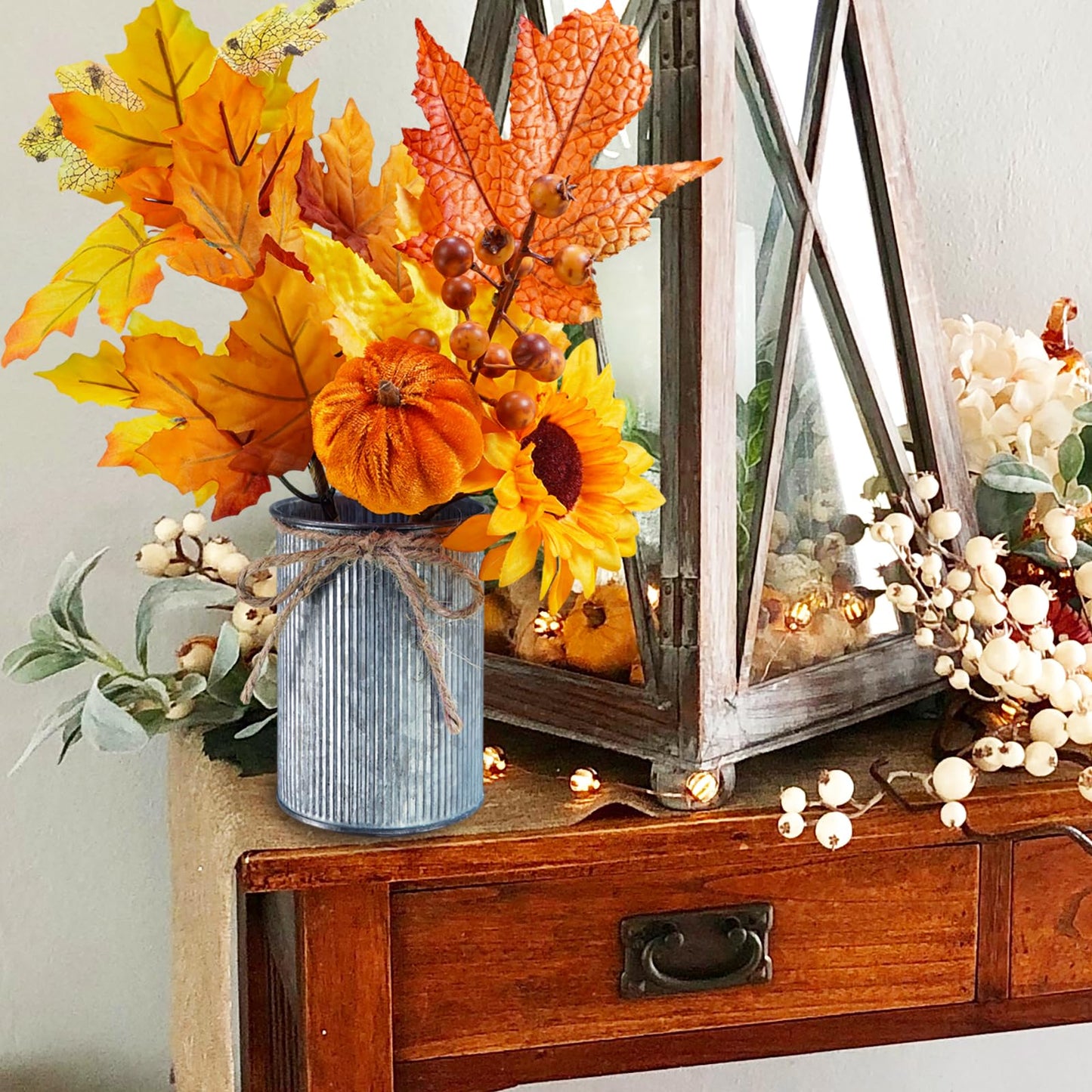 Winlyn 3 Pack Fall Faux Potted Plants Rustic Thanksgiving Floral Arrangements Artificial Fall Harvest Maple Leaf Picks in Metal Pots for Kitchen Home Autumn Wedding Table Centerpieces Mantel Decor