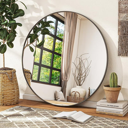 VETROVUE Black Round Mirror, 24 Inch Circle Bathroom Mirror with Metal Frame, Wall-Mounted for Entryway, Bathroom, Vanity, Living Room