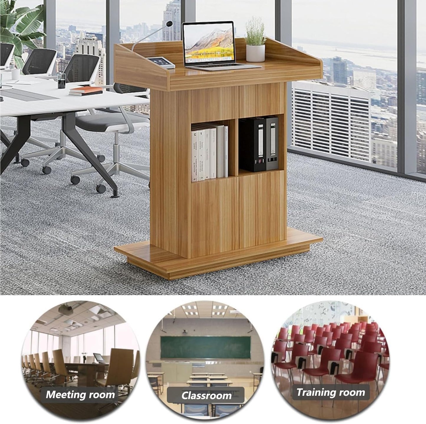 Lectern Solid Wood Podiums Floor Standing Podiums Rolling Podium with Wheel Church Podium and Pulpits Mobile Speaking Lectern with Wire Holes and Storage (White, 39.4″×19.68″×44″)