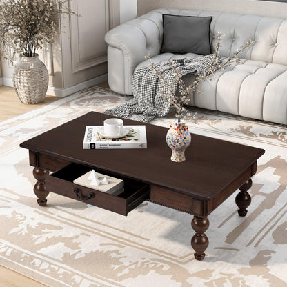 KEIKI 47''L Solid Wood Coffee Table with Storage Drawer, Rectangular Traditional Vintage Cocktail Center Table for Living Room, Rubber Wood Gourd-Shaped Legs, Acacia Wood Veneer, Espresso