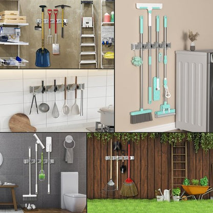 Holikme Wall Mount Mop Broom Holder - Metal Kitchen & Garden Tool Organizer | 4 Positions, Silver