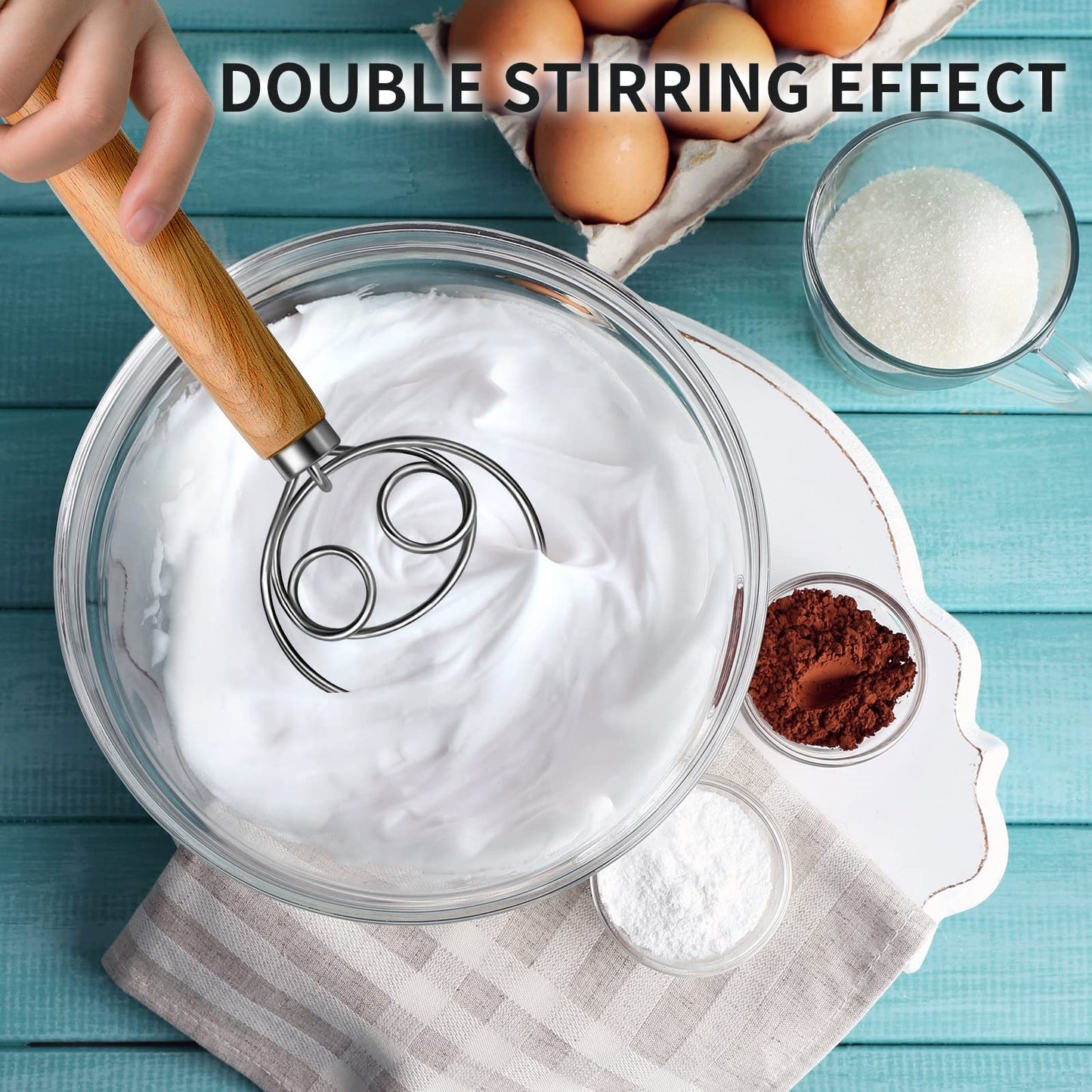 TEEVEA Danish Dough Whisk Stainless Steel Wooden Handle for Sourdough Pizza Bread Baking