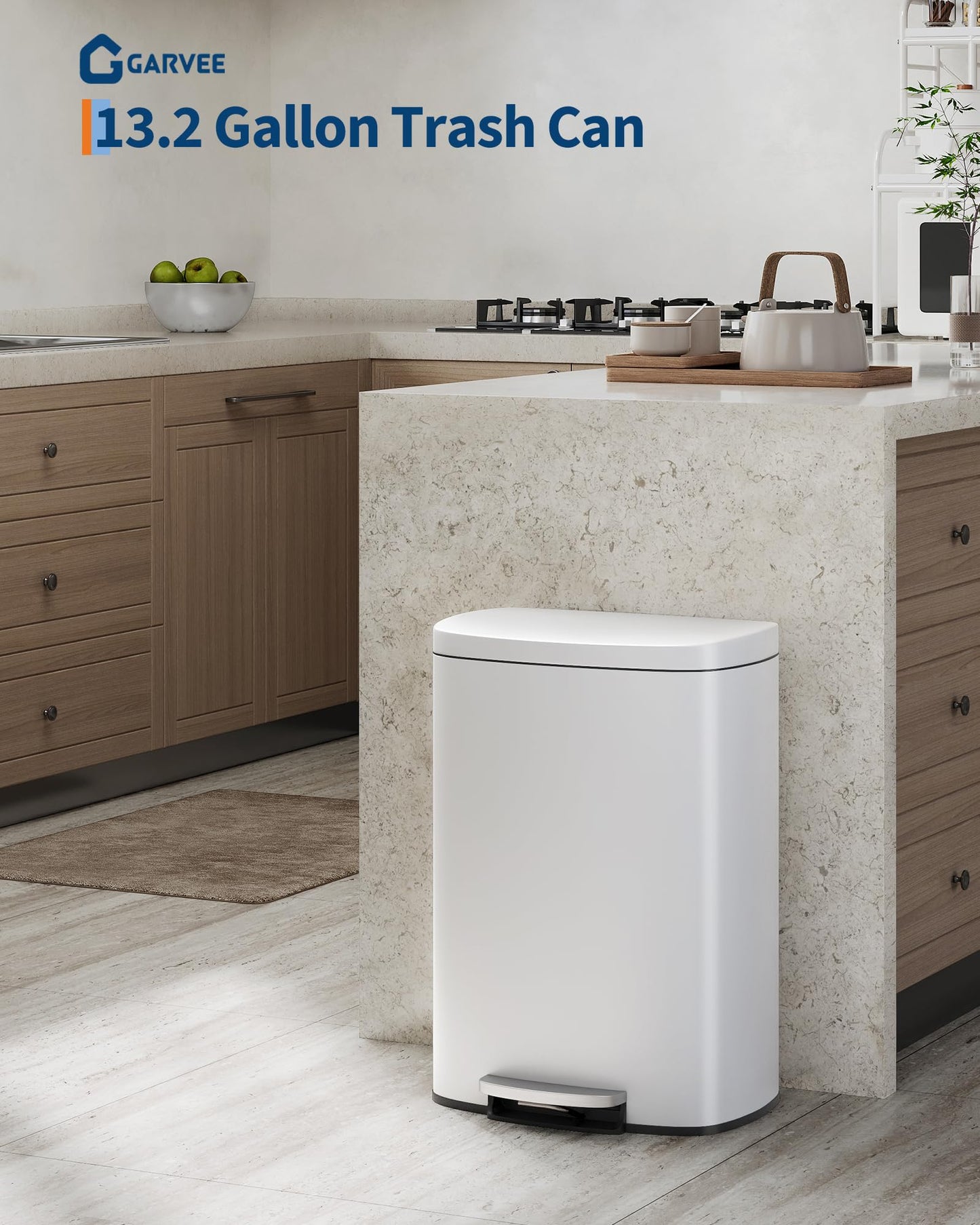 Garvee 13 gal / 50 L Metal Kitchen Trash Can with Lid, Large Rustproof Garbage Can for Kitchen, Step-on Trash Bin with Inner Bucket, Rear Handle, Soft Close Lid, White