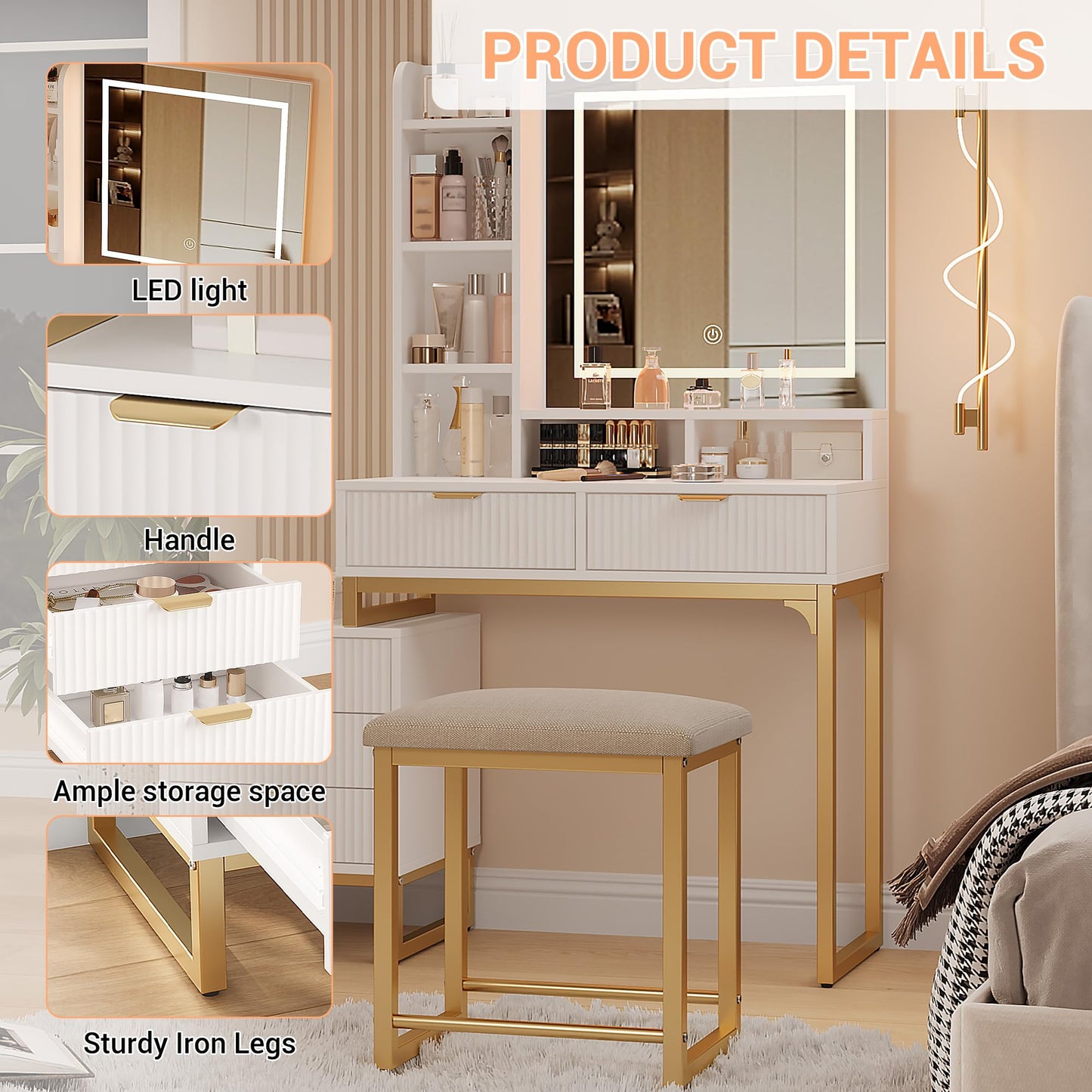 GAOMON Modern LED Makeup Vanity Desk with Mirror – 5 Drawers, Removable Side Cabinet, Cushioned Stool, Adjustable Lights – Bedroom Dressing Table for Girls & Women – Gold Iron + White Plate + Gold