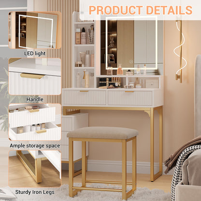 GAOMON Modern LED Makeup Vanity Desk with Mirror – 5 Drawers, Removable Side Cabinet, Cushioned Stool, Adjustable Lights – Bedroom Dressing Table for Girls & Women – Gold Iron + White Plate + Gold