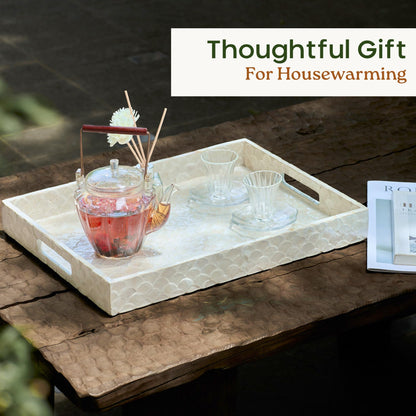 CHI AN HOME Capiz Decorative Tray 15.8” x 11.8” x 1.8" Rectangular Tray, Natural Handmade Serving Tray with Handles for Coffee Tables, Ottoman, Vanity, Kitchen, Coastal Boho Home Decor, White