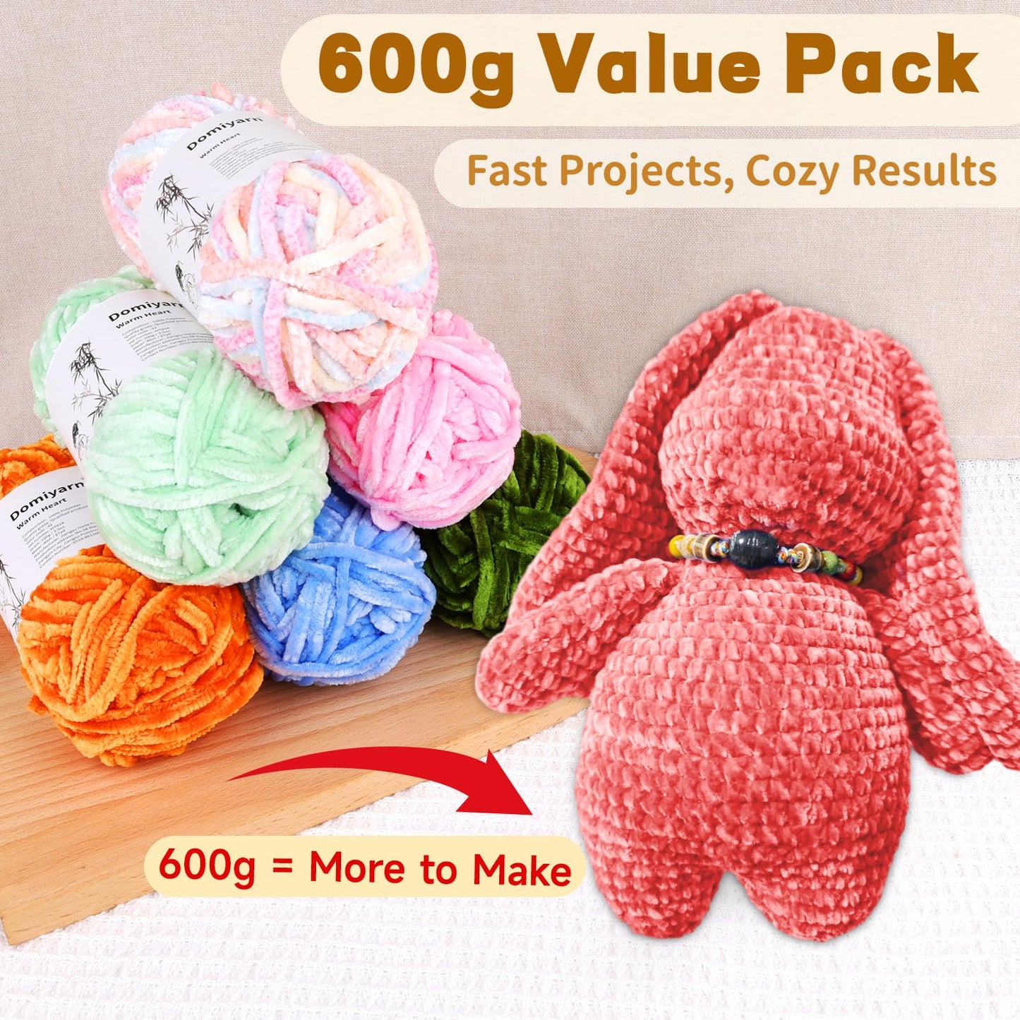 Reessy Velvet Chenille Yarn Pack – 6 Skeins × 100g Super Bulky (CYC #6) – Soft Velvet Chunky for Crocheting & Knitting, Fluffy Chenille Yarn for Blankets, Scarves & Crafts (White)