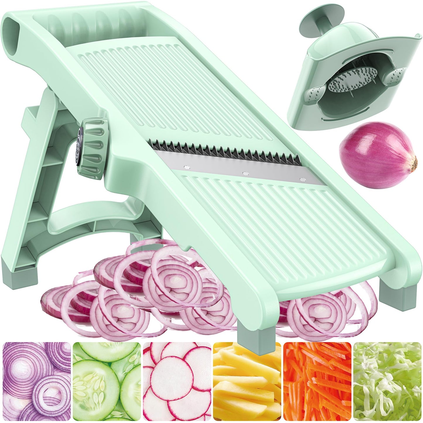 5-in-1 Adjustable Mandoline Slicer Stainless Steel Blades & Safety Hand Guard, Safe Mandolin for Kitchen, Non-slip Julienne Slicer Cutter, Vegetable Chopper for Onion, Potato Cucumber Carrot