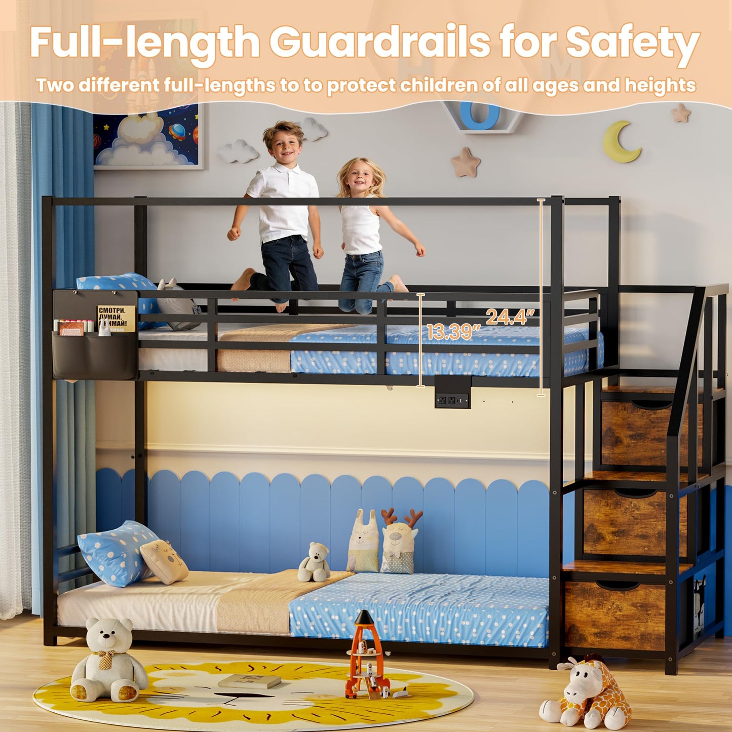 Low Bunk Bed Twin Over Twin with Storage Staircase, RGB LED Lights, Drawers & Shelves, Metal Bunk Beds for Kids with Power Outlet, Double Full-Length Guardrails & Metal Slats for Small Space, Black