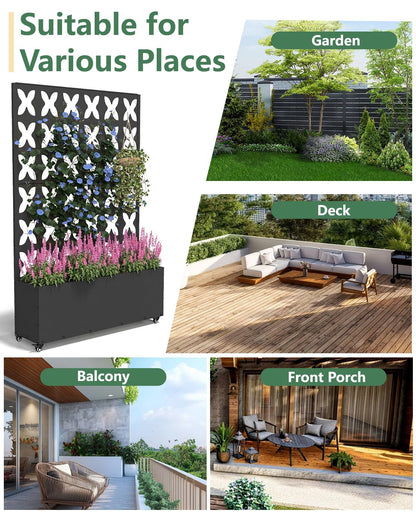 FOLAWO 2PCS Metal Planter Box with Trellis,70.9"x47.2"x15.7" Raised Garden Bed with Drainage Holes, Privacy Planters for Outdoor Garden Bed for Climbing Plants,Vegetables,and Vines, Black-X