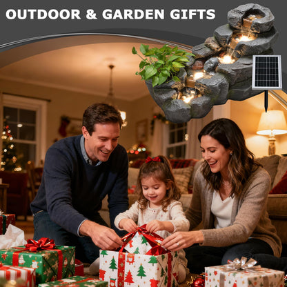 Pivotify 5-Tier Solar Water Fountain Outdoor, 38.2" L Rock Waterfall Fountains Solar Powered Floor Standing Outdoor Water Feature with LED Lights for Patio, Garden,Porch, Yard, Home Art Decor（Grey）