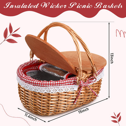 DoubleFill Wicker Insulated Picnic Basket with Lid Wicker Picnic Basket with Folding Handles and Insulated Cooler Bag for Camping Outdoor Easter Valentine Birthday Gift(Red Plaid)