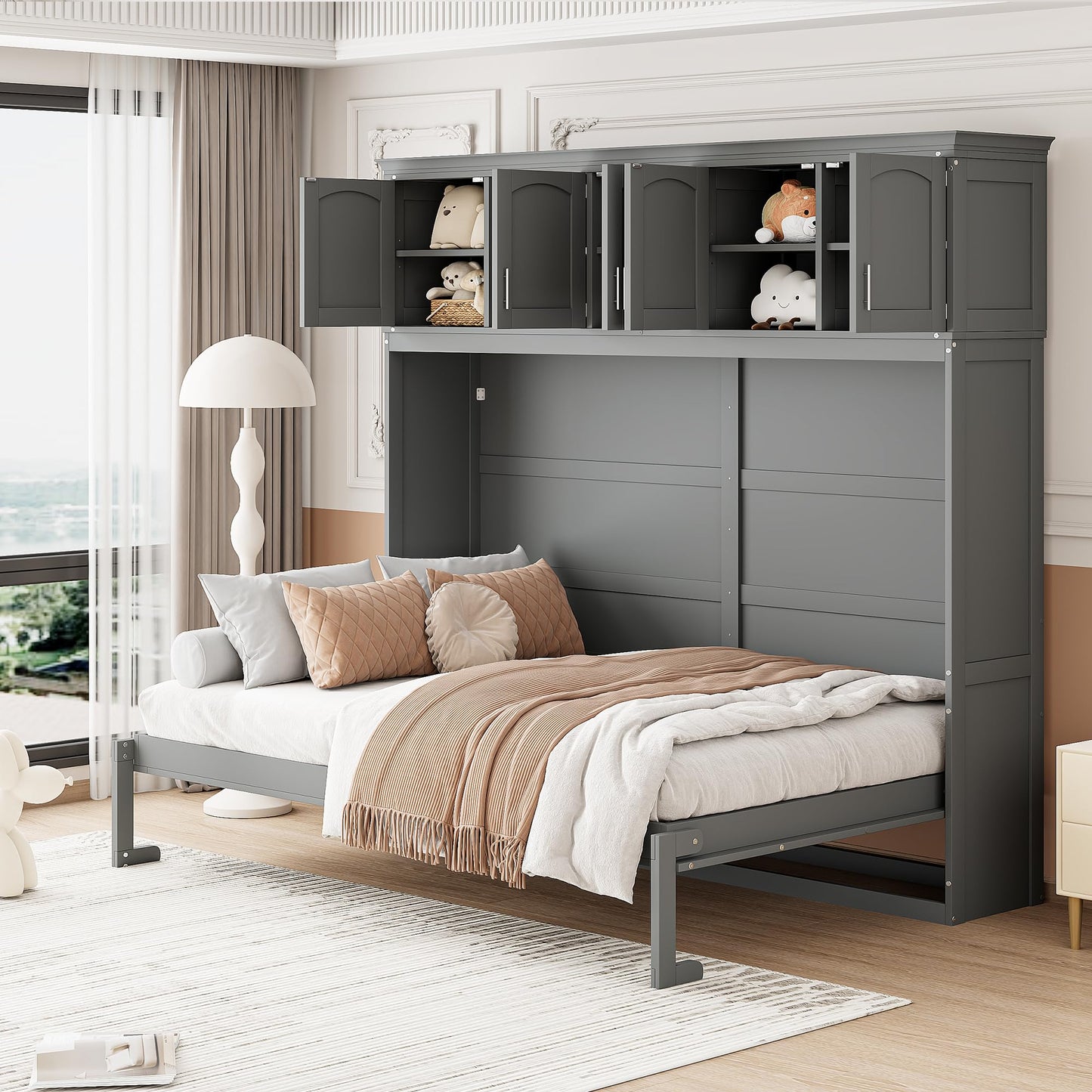Merax Modern Farmhouse Solid Wood Murphy Cabinet Bed with Top Cabinets, Tall Wall Platform Bed No Box Spring Needed/Easy Assemble Queen,Gray