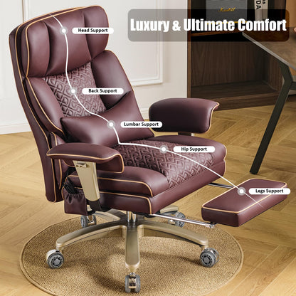 Executive Desk Chir with Adjustable Air Back Support, Luxury Ergonomic PU Leather Office Chair with Lumbar Massage High-Back 3-Level Tilt 360° Swivel Silent Wheels Height Adjustment,Footrest, Brown
