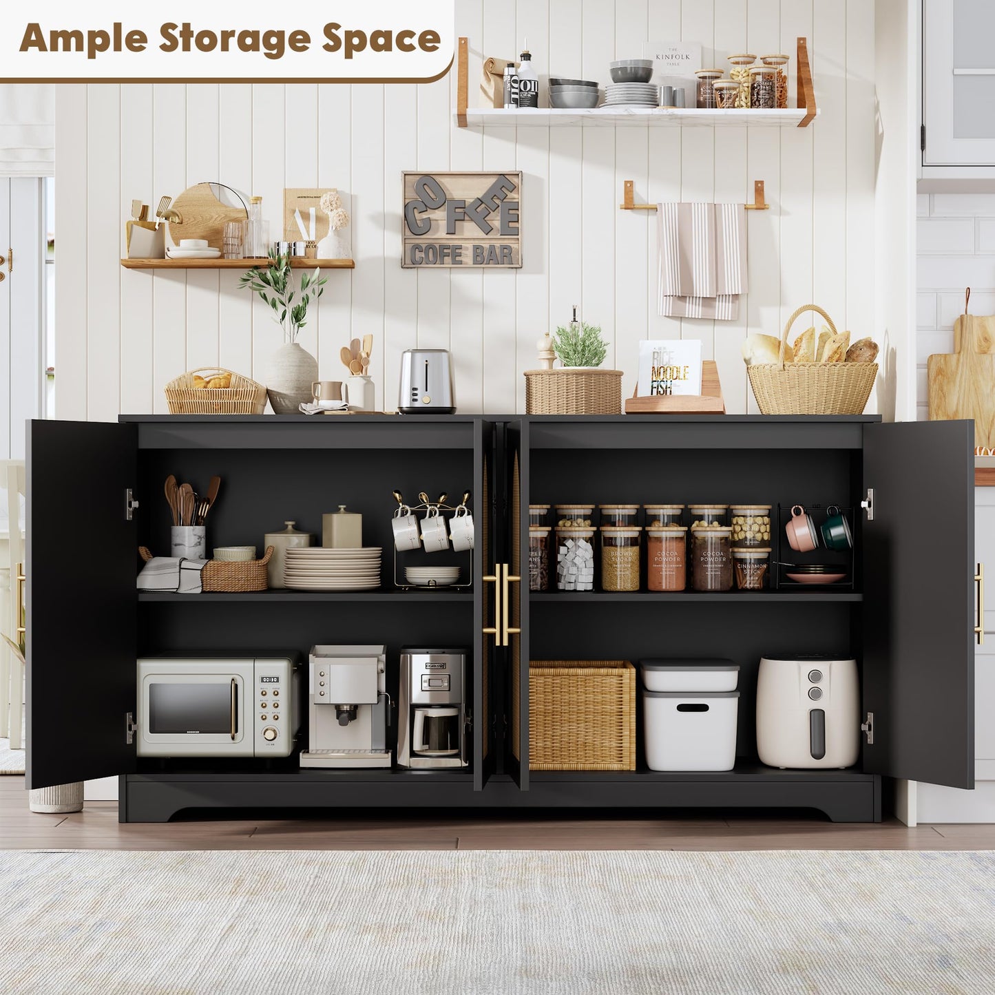 IDEALHOUSE 59" W Sideboard Buffet Cabinet- with 4 Rattan Doors, Large Storage Console Table & Modern Accent Coffee Bar Cabinet for Living Room, Kitchen, Hallway, Dining Room, Entryway, Black