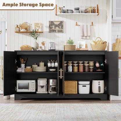 IDEALHOUSE 59" W Sideboard Buffet Cabinet- with 4 Rattan Doors, Large Storage Console Table & Modern Accent Coffee Bar Cabinet for Living Room, Kitchen, Hallway, Dining Room, Entryway, Black