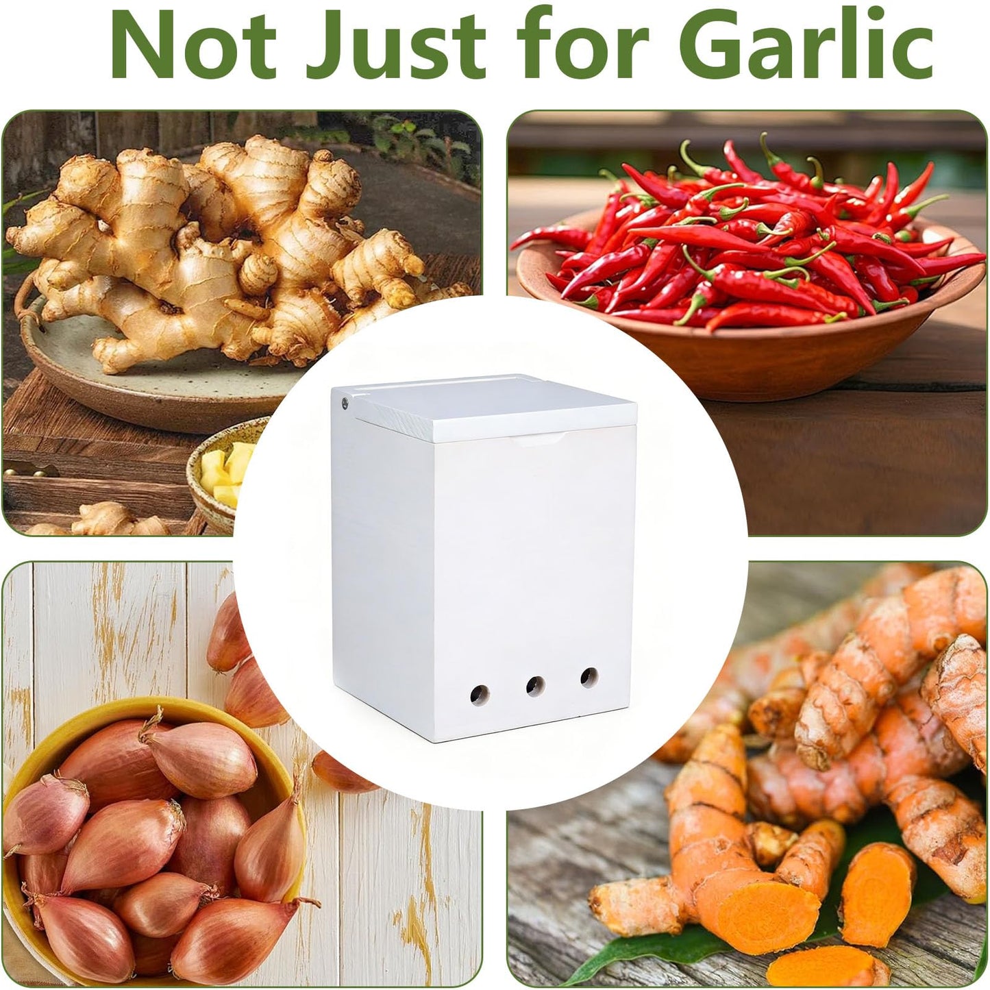Mowhut Garlic Keeper for Countertop, Wooden Storage Box with Solid Wood Cover, Ventilation Holes, White Holder Container for Kitchen Pantry, Ginger and Shallots