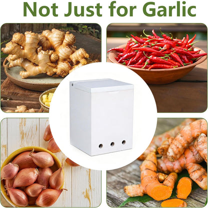 Mowhut Garlic Keeper for Countertop, Wooden Storage Box with Solid Wood Cover, Ventilation Holes, White Holder Container for Kitchen Pantry, Ginger and Shallots
