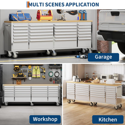 PeakPursuit 96" Rolling Tool Chest with 24 Drawers, Solid Rubber Wood Workbench Top, Locking Wheels & Key Lock, Mobile Garage Storage Cabinet for Workshop Organization, Silver