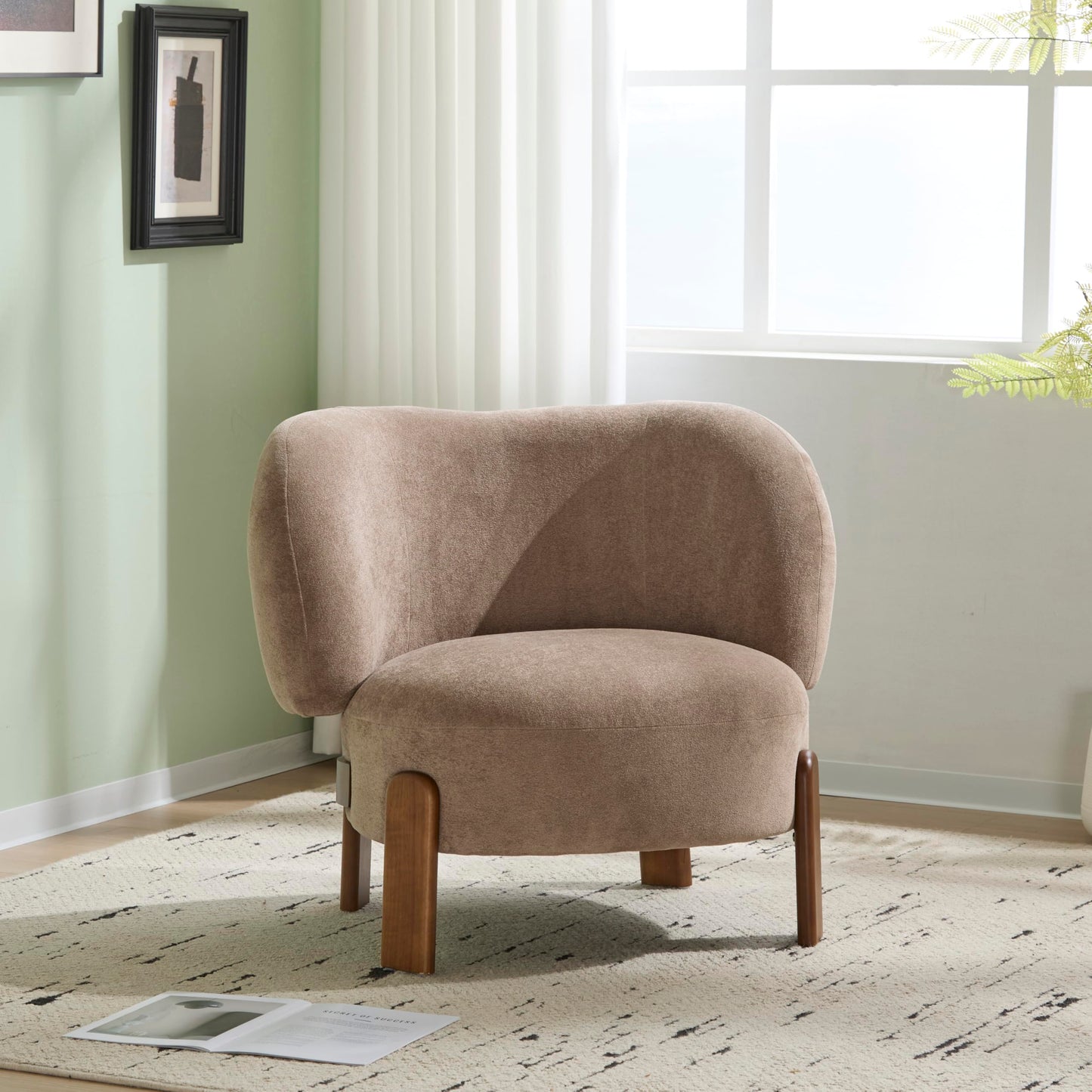 Christopher Knight Home Lily Solid Wood Wingback Accent Chair, Fabric Upholstered Club Chair, Curved Backrest Single Sofa, Comfy Reading Lounge Chair for Living Room, Soft Cushion Seating, Light Brown