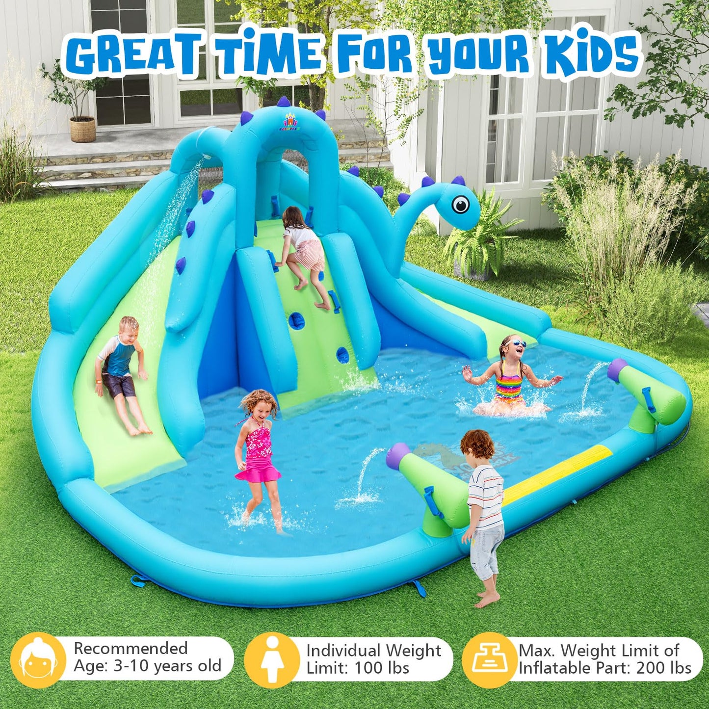 BOUNTECH Inflatable Water Slide Park with Dinosaur, Double Slides Water Park Bounce House w/Climbing Wall, Bouncy Castle with Blower for Outdoor Backyard, Blow up Water Slides Inflatables for Big Kids