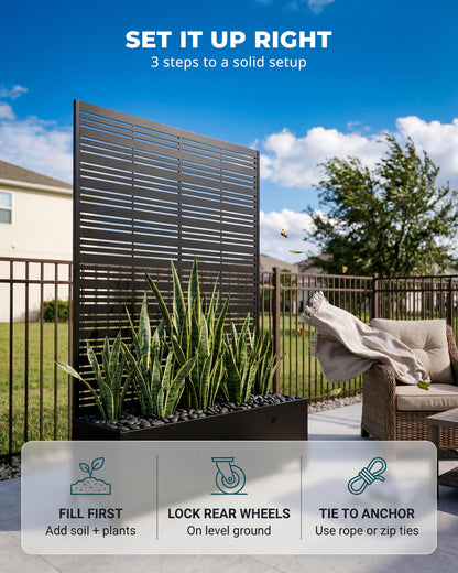 TinFrey 73" Tall Privacy Planters with Trellis, Freestanding Metal Planter Box with Trellis on Wheels, AC Unit Cover for Patio, Hide Trash Cans Pool Equipment, 5 Built-in Drainage Holes - Black