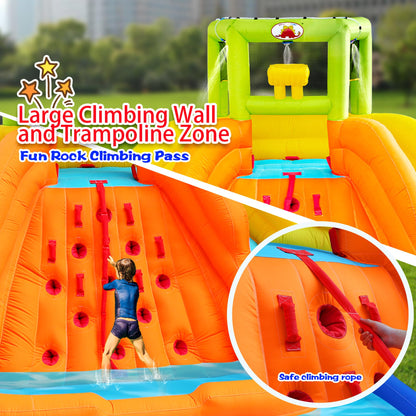 WELLFUNTIME Inflatable Water Slide, Bounce House with Water Bucket, Deep Pool, Climbing Wall with Rope, Bouncy Castle with Air Blower