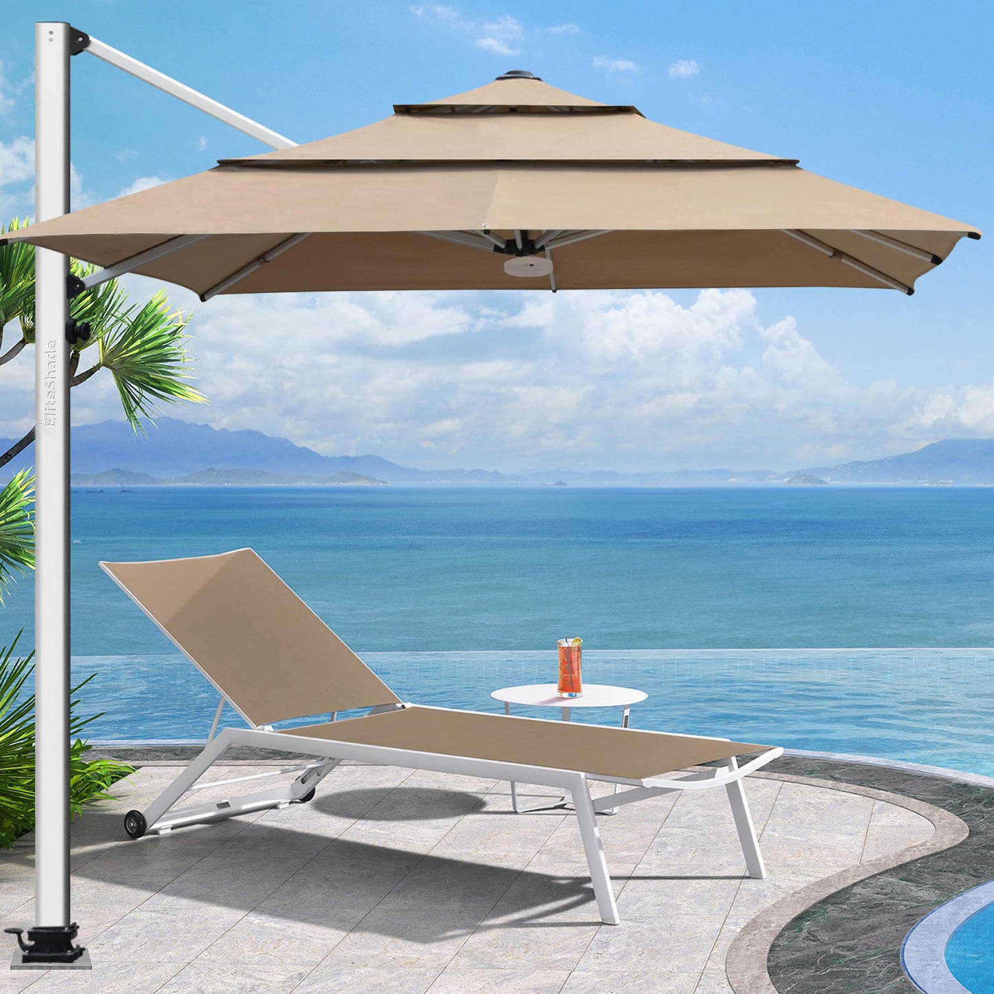 EliteShade USA APOLLO 3-Tier 10x10FT Full Aluminum Cantilever Patio Umbrella for Outdoor restaurant Garden Courtyard Deck Pool and Marketing with Light,Heather Beige
