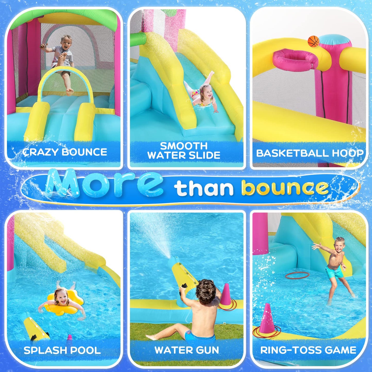 JOYMOR Inflatable Bounce House with Double Water Slide for Kids Toddler Age 3-10, Splash Pool Water Cannons, Ring-Toss Games for Outdoor Backyard Fun Water Toys, Indoor Bouncy Castle with Air Blower