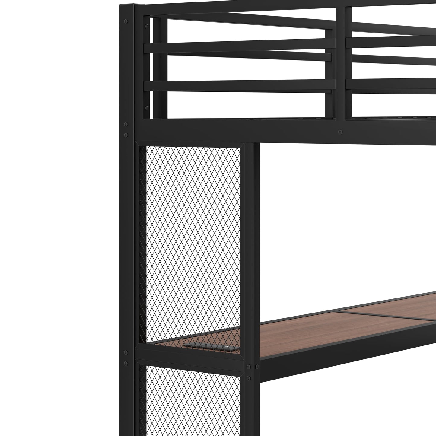 Full Size Loft Bed with Desk and Storage Stairs, Metal Loft Bed Frame with LED Lights, Charging Station, and Multi-function Iron Nets, Loftbed for Kids, Teens, Adults, Noise-free, Black and Wood