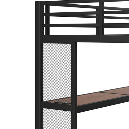 Full Size Loft Bed with Desk and Storage Stairs, Metal Loft Bed Frame with LED Lights, Charging Station, and Multi-function Iron Nets, Loftbed for Kids, Teens, Adults, Noise-free, Black and Wood