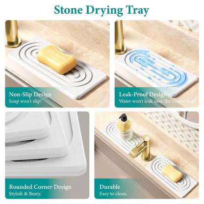 MAGKOTA Water Absorbing Stone Tray, Quick Drying Diatomite Bathroom Tray Countertop, Stone Drying Mat for Kitchen Counter, Soap Dish Dispenser Vanity Organizer, White-A-8.3" x 4"