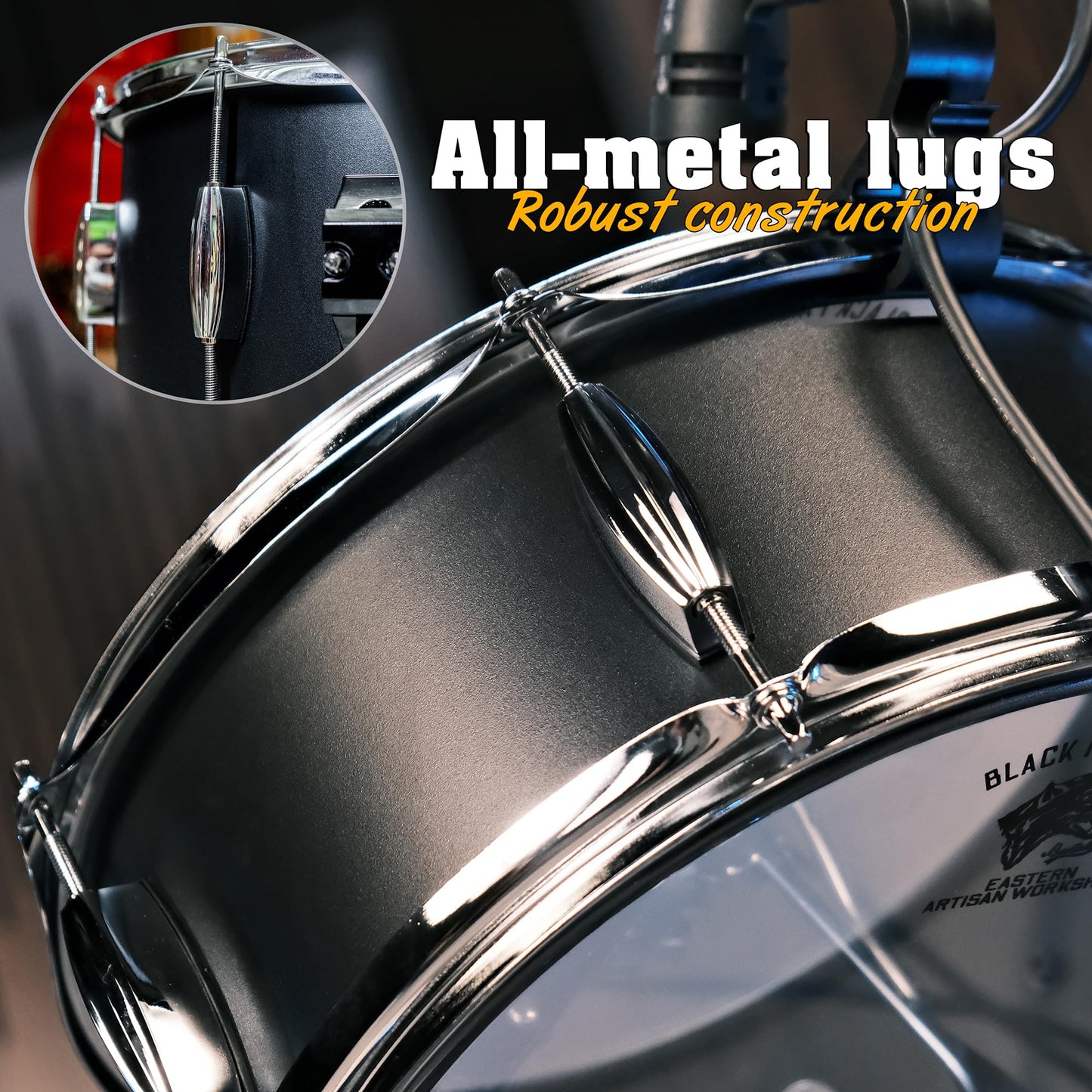Beatello Black Jaguar 318 Series 3-Piece Drum Set, All-Metal Carbon Steel, 18" Bass Drum, 14" Tom, 12" Floor Tom/Snare, Pro Jazz, Studio & Live Kit