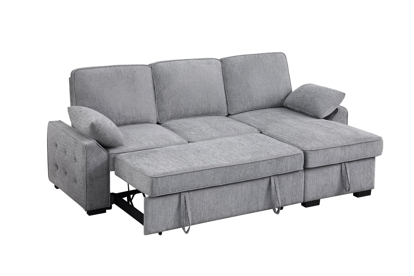 ERYE L-Shaped Pull Out Sleeper Couch Bed, Modern Chenille Upholstered Button Tufted Corner Couch Reversible Sectional Sleeper Sofa Bed W/Storage Chaise, Cup Holders