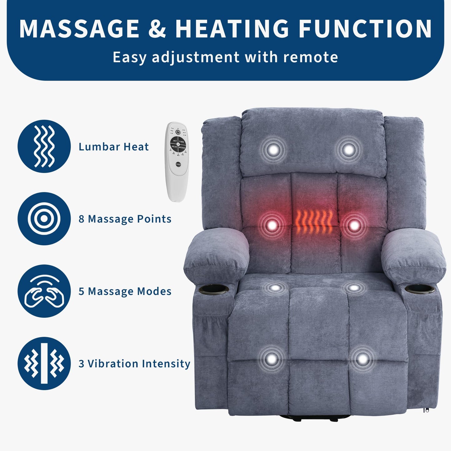 Garvee Power Lift Recliner Chair with Massage and Heat for Elderly Adults Lazy Boy Single Sofa Seat with 3 Positions 2 Side Pockets Cup Holders USB Ports Remote Control