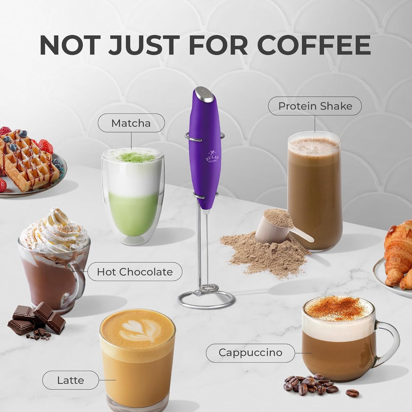 Zulay Kitchen Milk Frother Wand - Ultra Fast Electric Whisk for Coffee & Lattes - Includes 4 AA Batteries - Grape