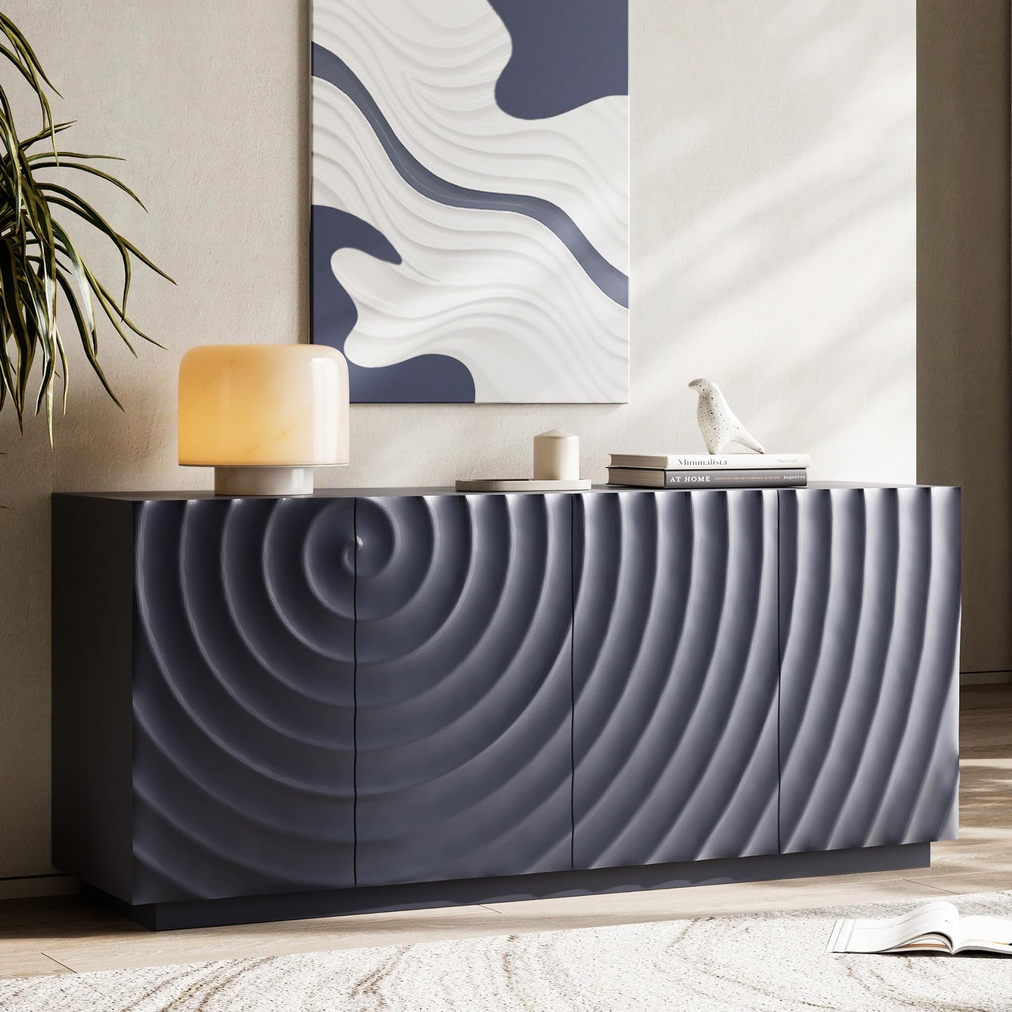 GDFStudio 59" Modern Buffet Sideboard Cabinet, Artistic 3D Texture Storage Cabinet with 4 Doors, Freestanding Credenza Buffet for Living Room Dining Room Kitchen Large Countertop Coffee Bar, Navy Blue